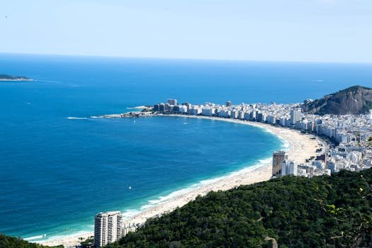 Stunning aerial view of Copacabana Beach and cityscape in Rio de Janeiro, Brazil, showcasing vibrant seaside life.